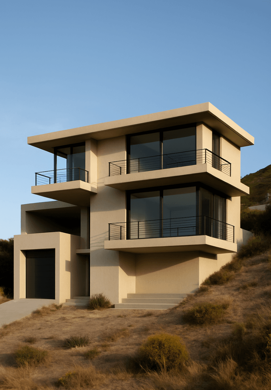 Completed contemporary home exterior with large windows.