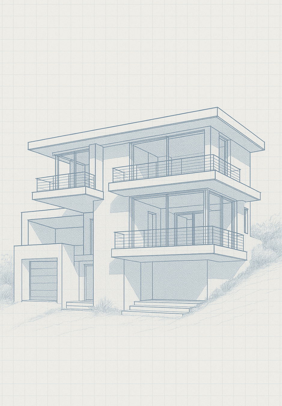 Architectural blueprint sketch of a modern home.