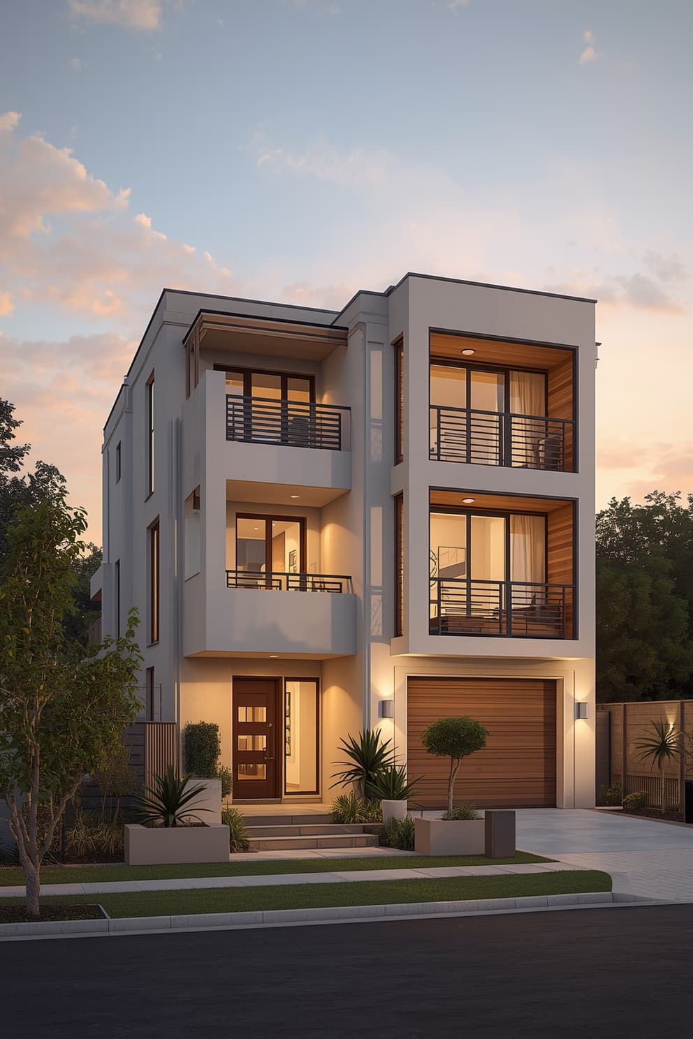 Warmly lit modern family lounge with large sliding doors opening to a garden.