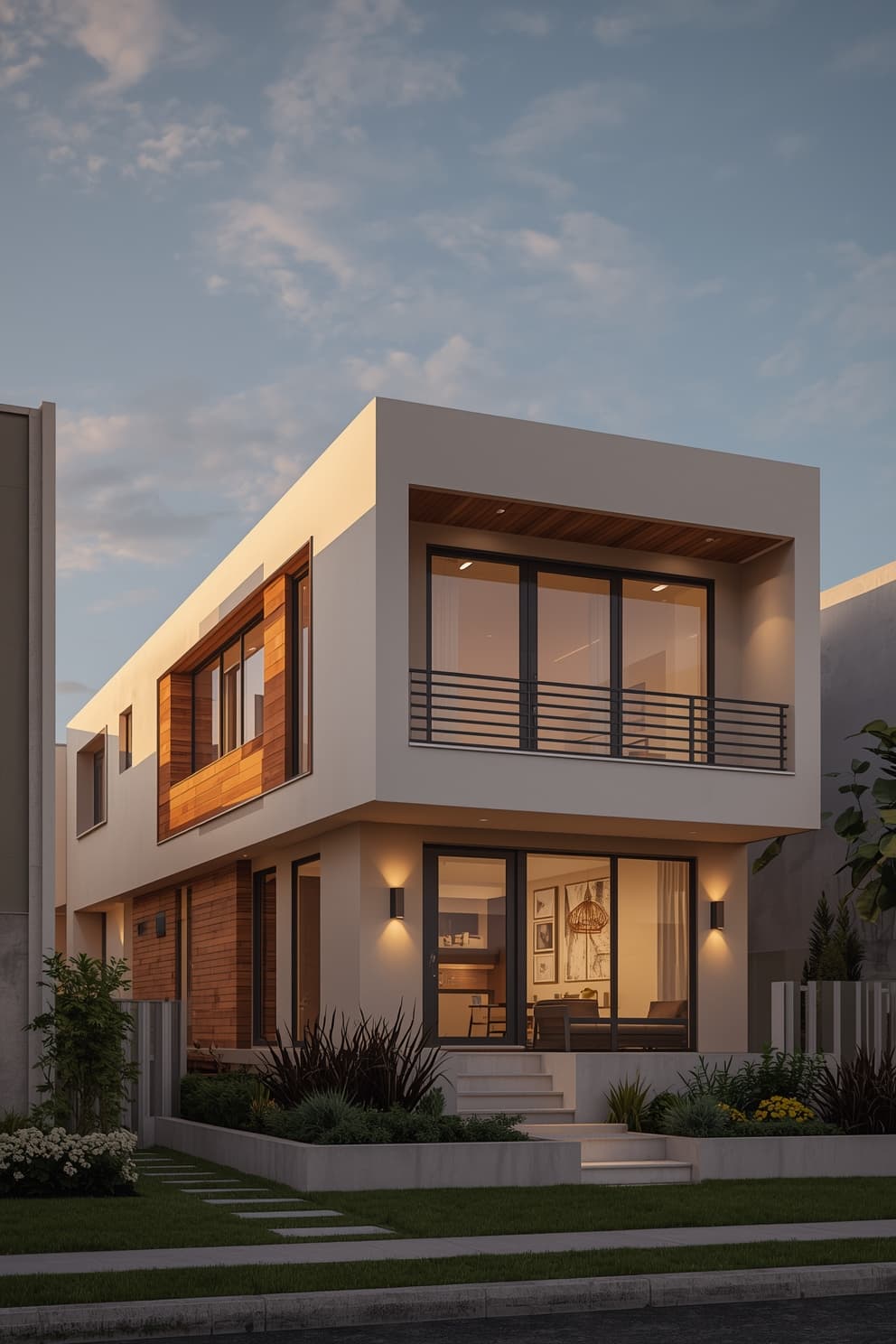 Front elevation of an aspirational contemporary home during golden hour.